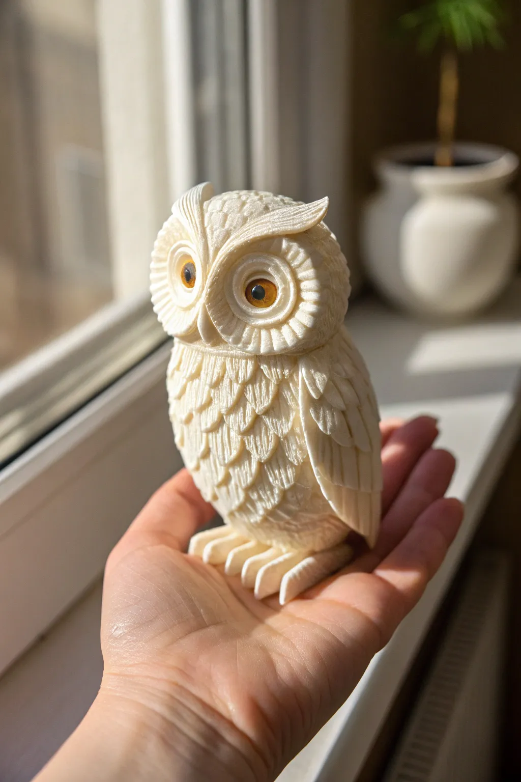 Palm-sized 3D pen owl with layered eyes and looped feathers, crisp and minimalist.