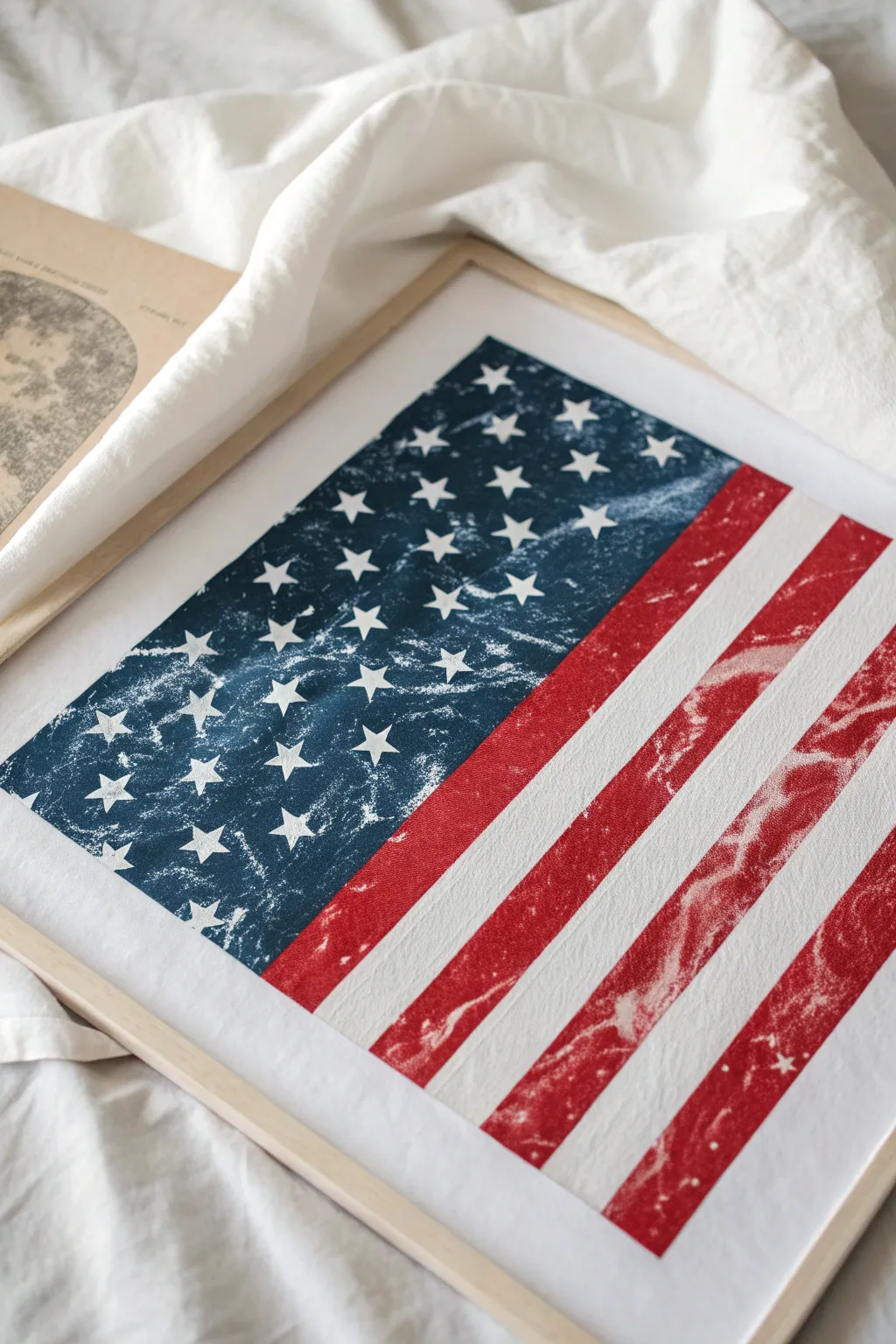 Marble-rolled red, white, and blue abstract flag texture with soft stars and bold stripes