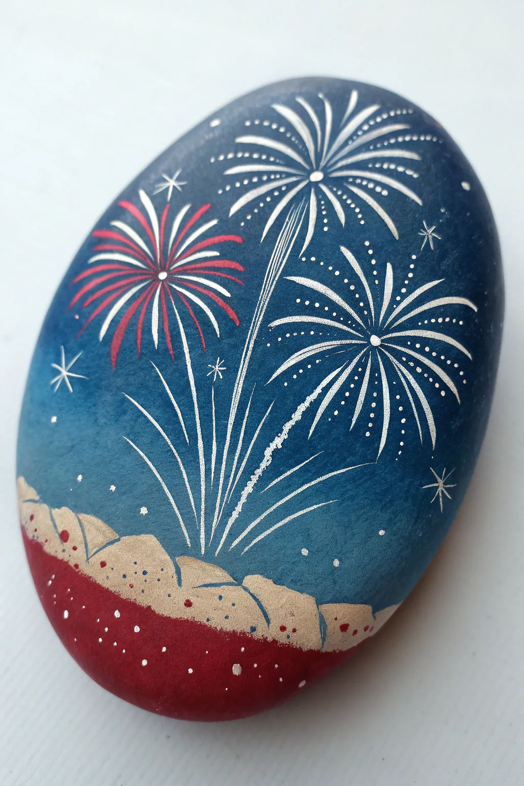 Ombre night-sky rock with layered white and red fireworks, crisp contrast and handmade detail