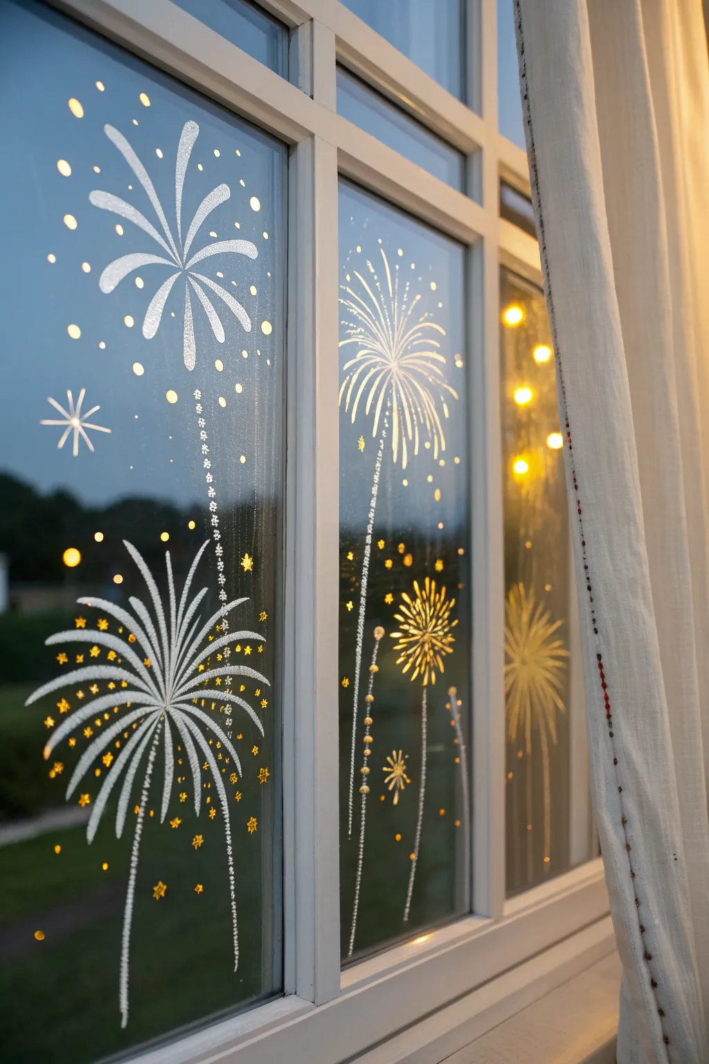 Dusk-lit window painting: crisp fireworks and sparklers with bright glowy highlight details.