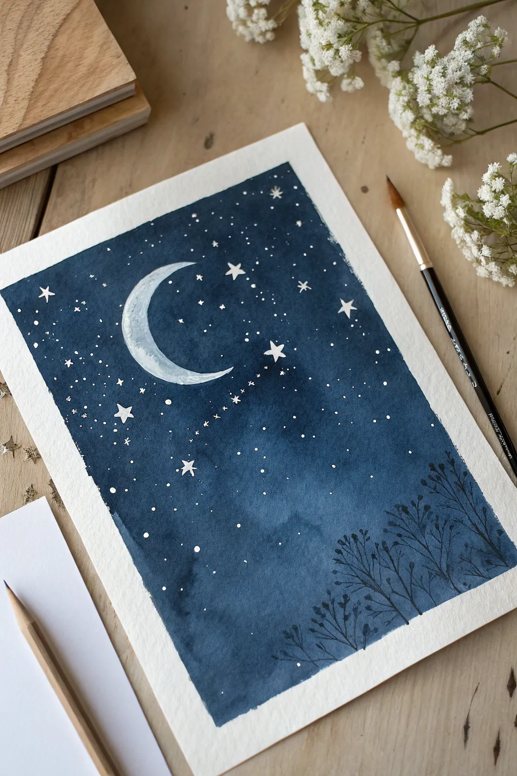 Salt-sprinkled watercolor night sky with dreamy blooms and a crisp white crescent moon