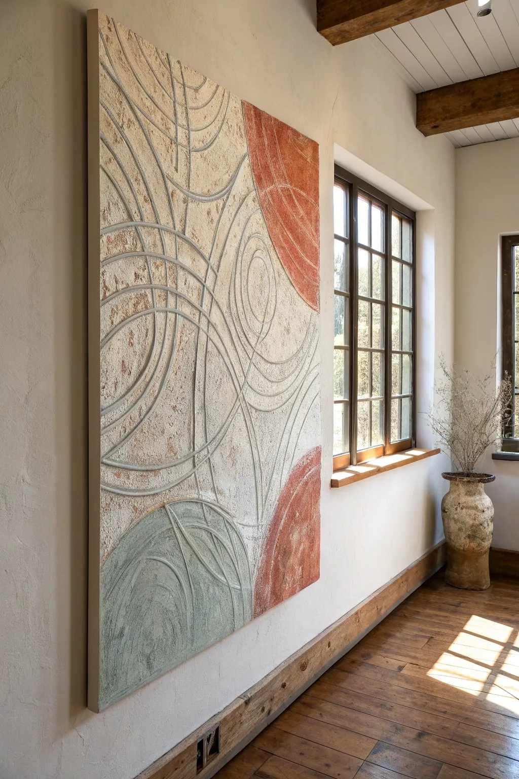 Sgraffito abstract layers with scratch-through marks, earthy contrasts, and richly tactile texture