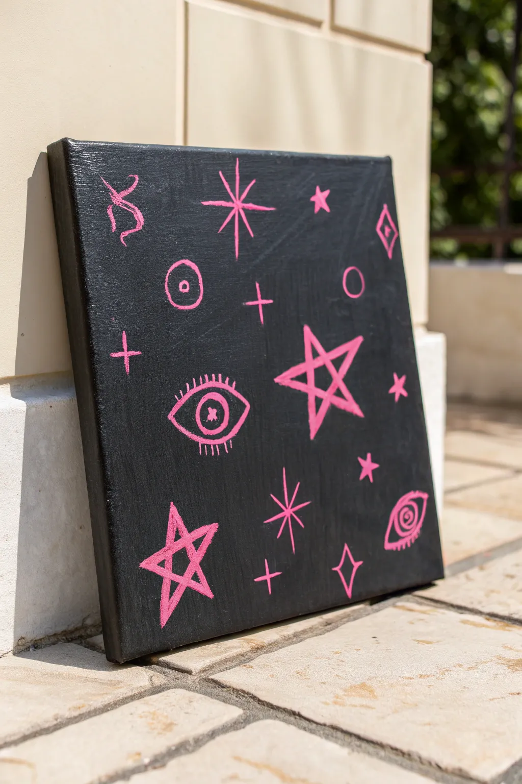 Near-black canvas with hot-pink symbols for a bold, minimalist alt painting idea