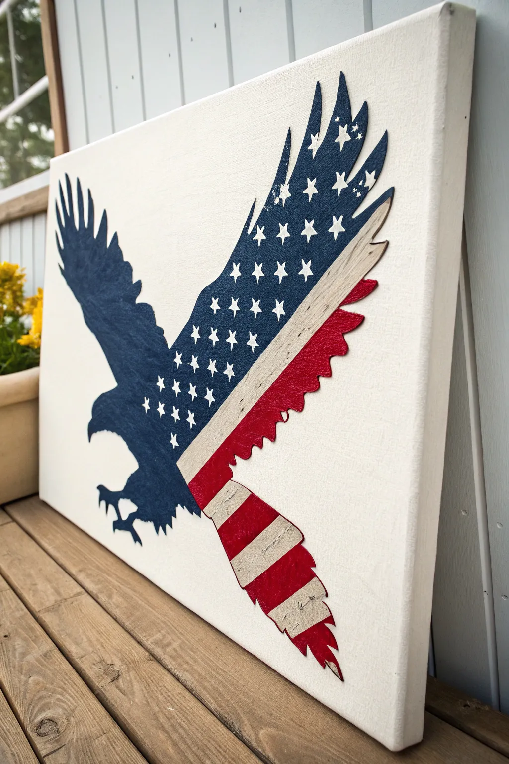 Soaring bird silhouette with American flag fill, minimalist contrast and handcrafted brush detail
