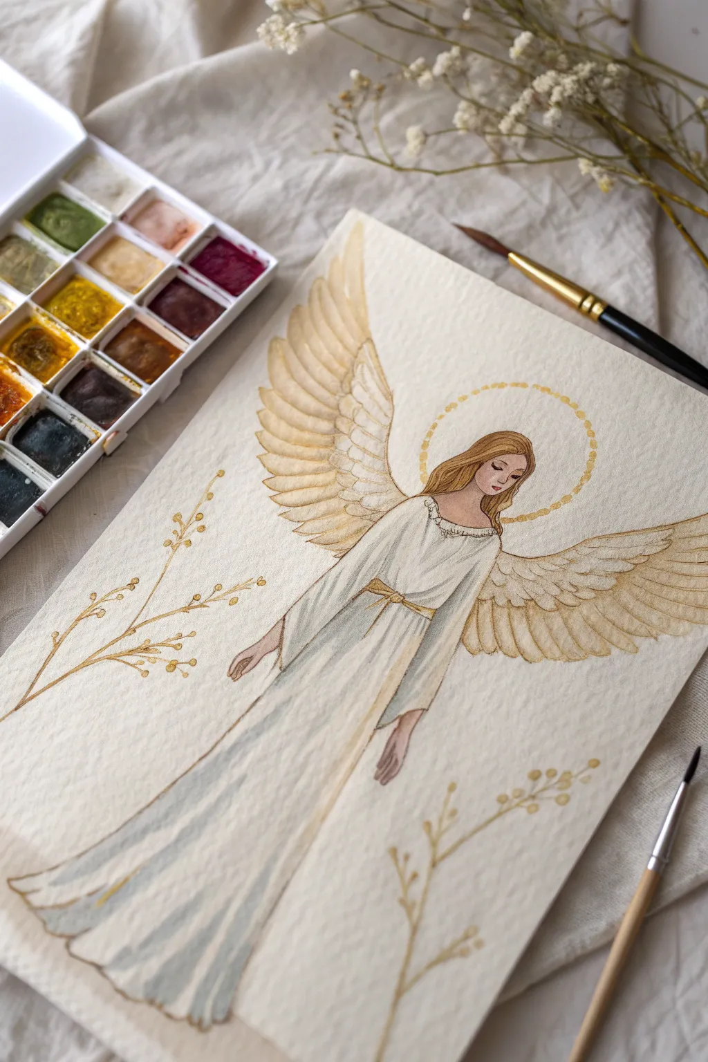 Crisp white wings meet a dreamy drip-paint gown in a minimalist boho angel artwork