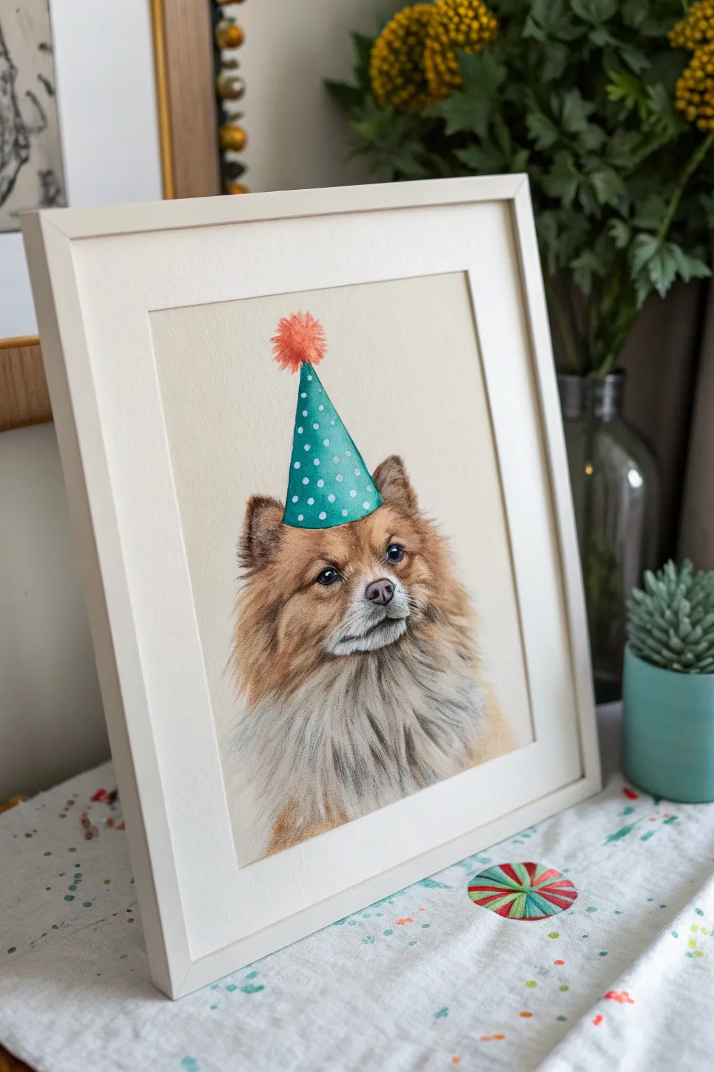 Paint a playful pet portrait with a bright party hat, minimal tones, and soft boho charm.