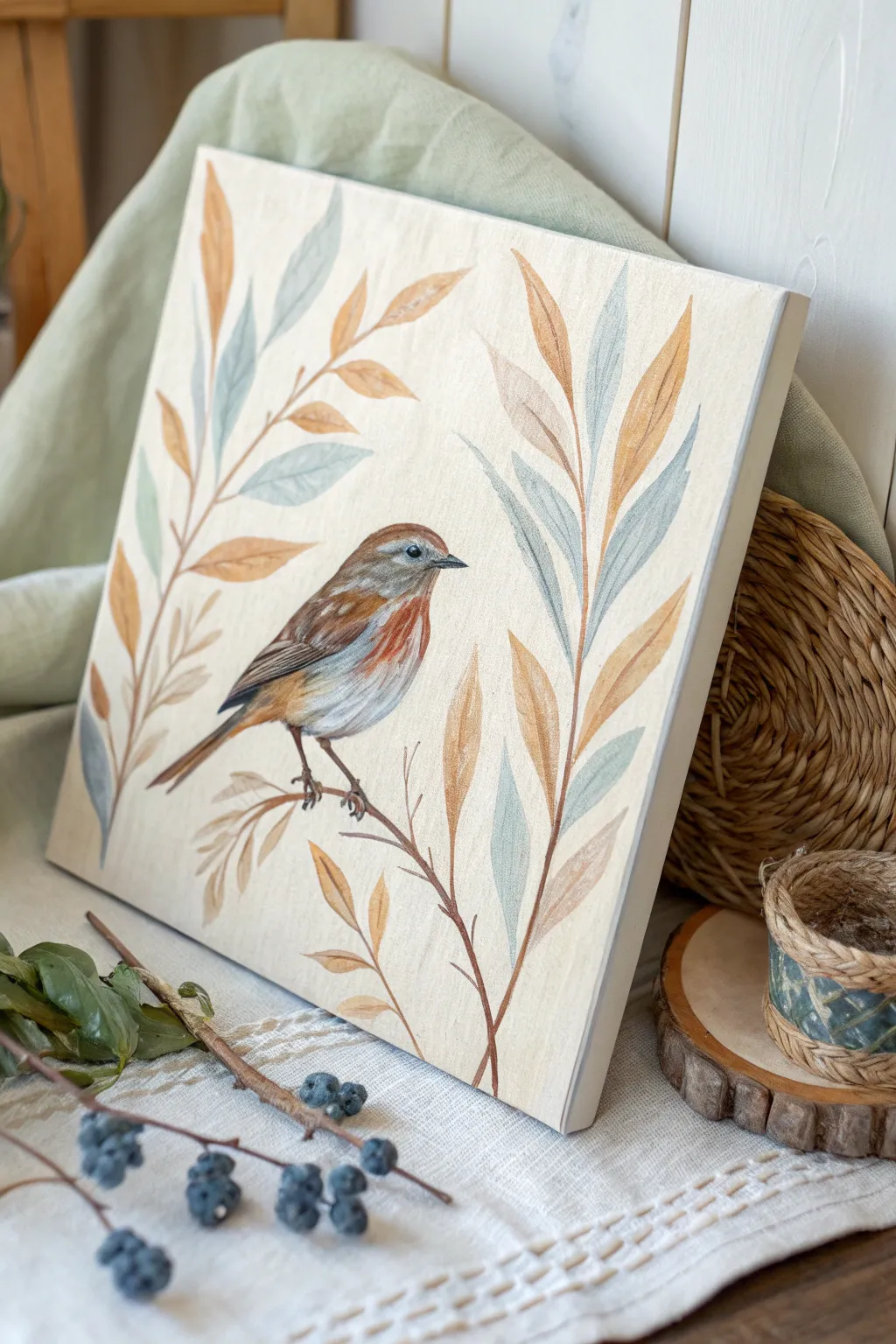 Impressionist songbird in chunky brushstrokes, soft boho palette and crisp contrast.