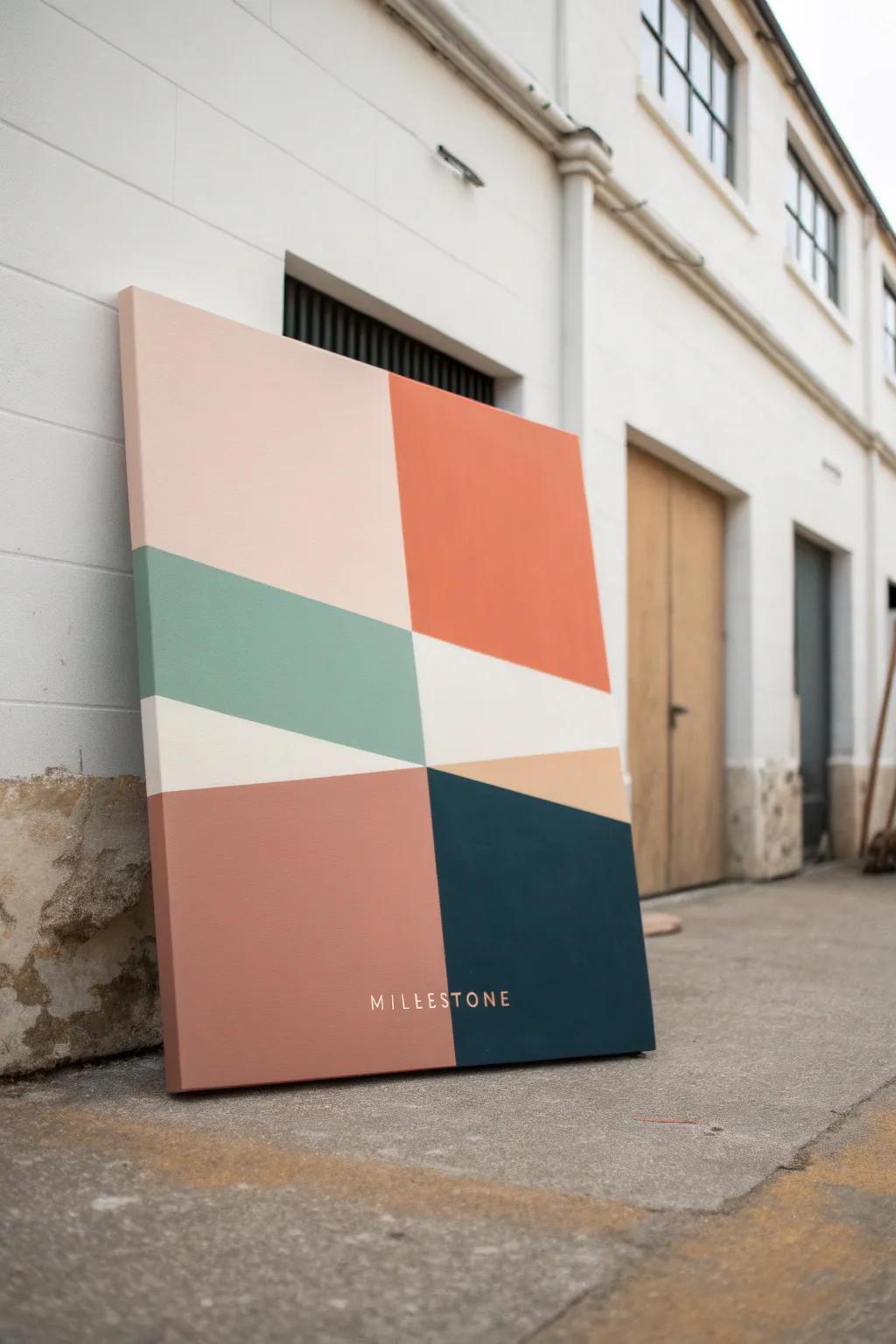 Minimal abstract anniversary canvas with color bands, tiny milestones, and a simple date detail