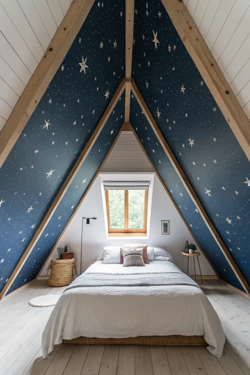 Paint the attic peak into a serene starry sky ceiling for cozy, minimalist Scandinavian charm