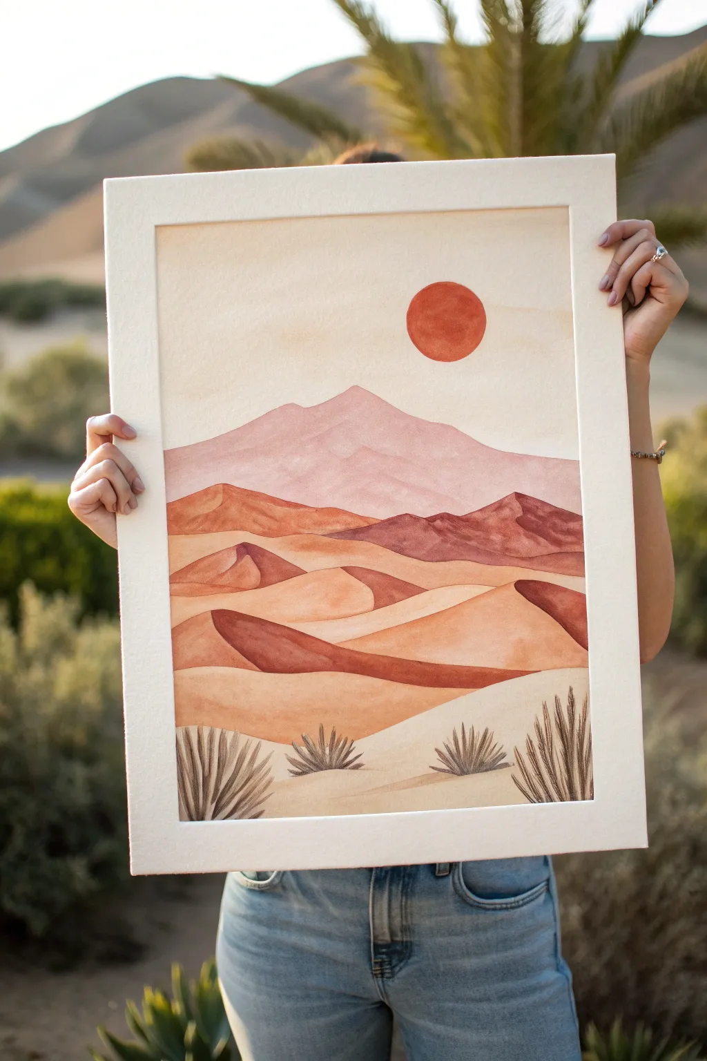 Minimalist desert hues meet an Aztec sun glyph, a calm boho-Scandi painting idea.