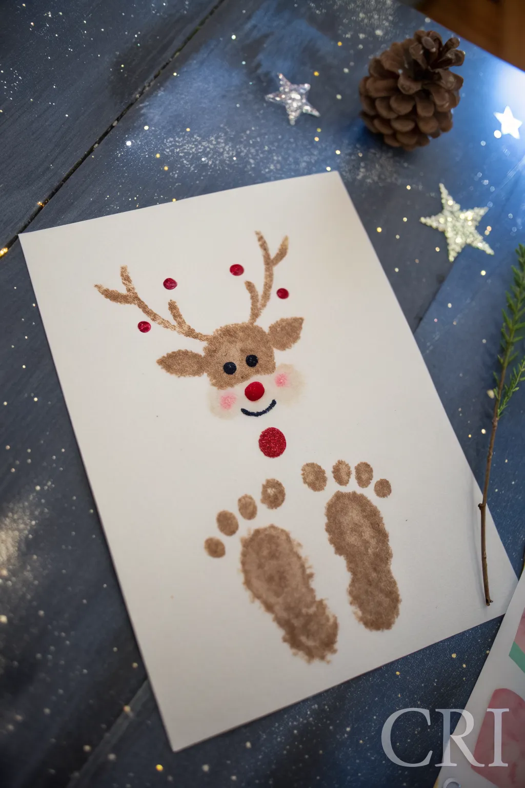 Baby footprint reindeer on a galaxy night wash with splatter stars, glowing red nose, and snowy line