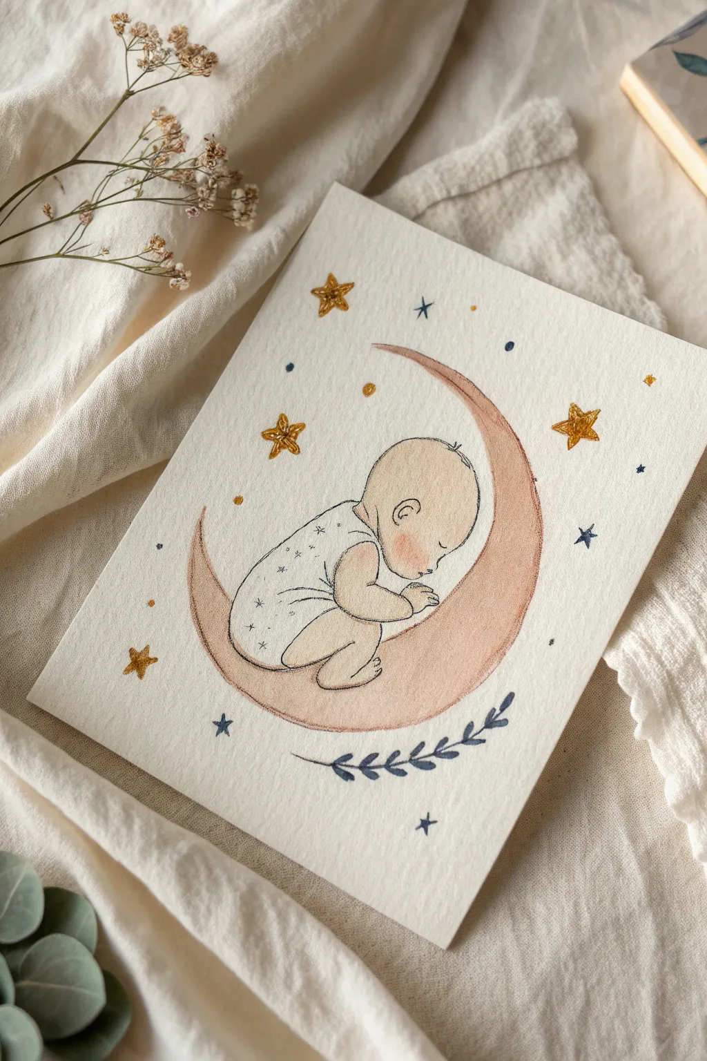 Whimsical baby on a crescent moon, minimalist watercolor with soft stars and soothing contrast.