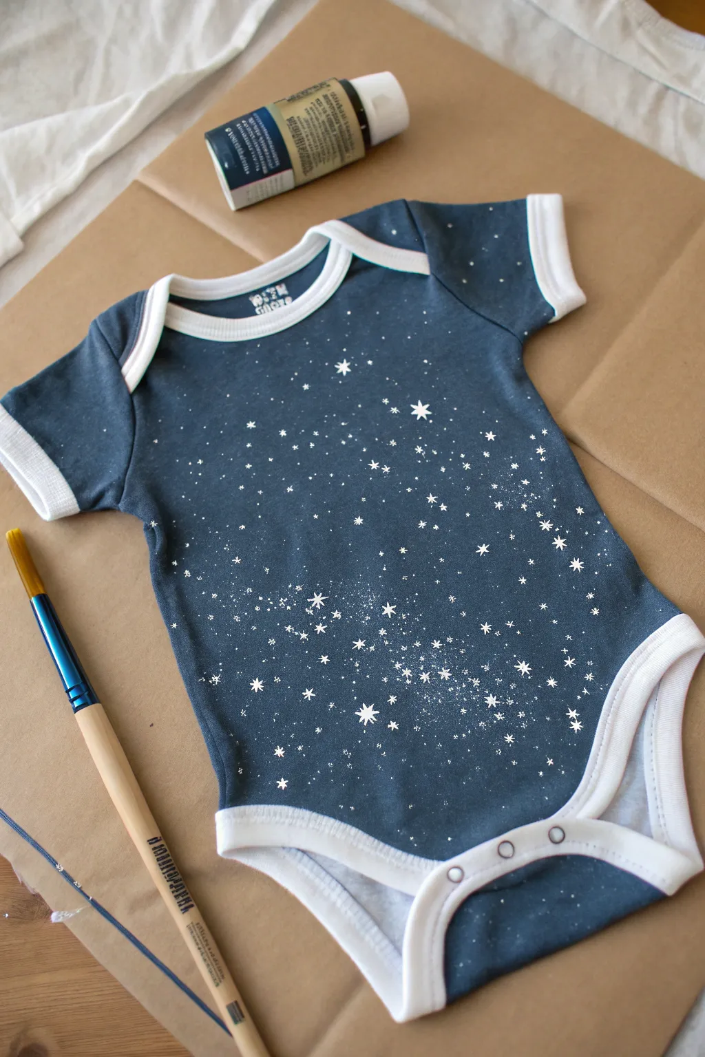 Minimalist galaxy baby onesie with controlled splatter stars, clean and boho calm