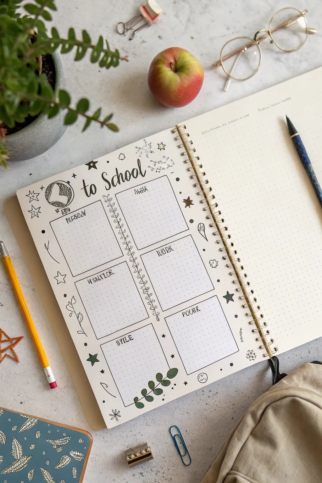 Cozy back-to-school time capsule journal page with simple boxes and tiny school doodles