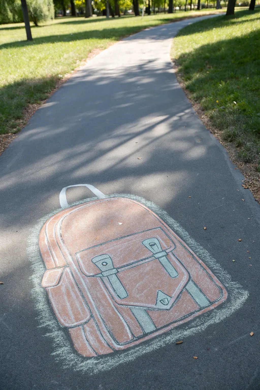 A minimalist 3D chalk backpack illusion with bold shadows, perfect for a back to school sidewalk sketch.
