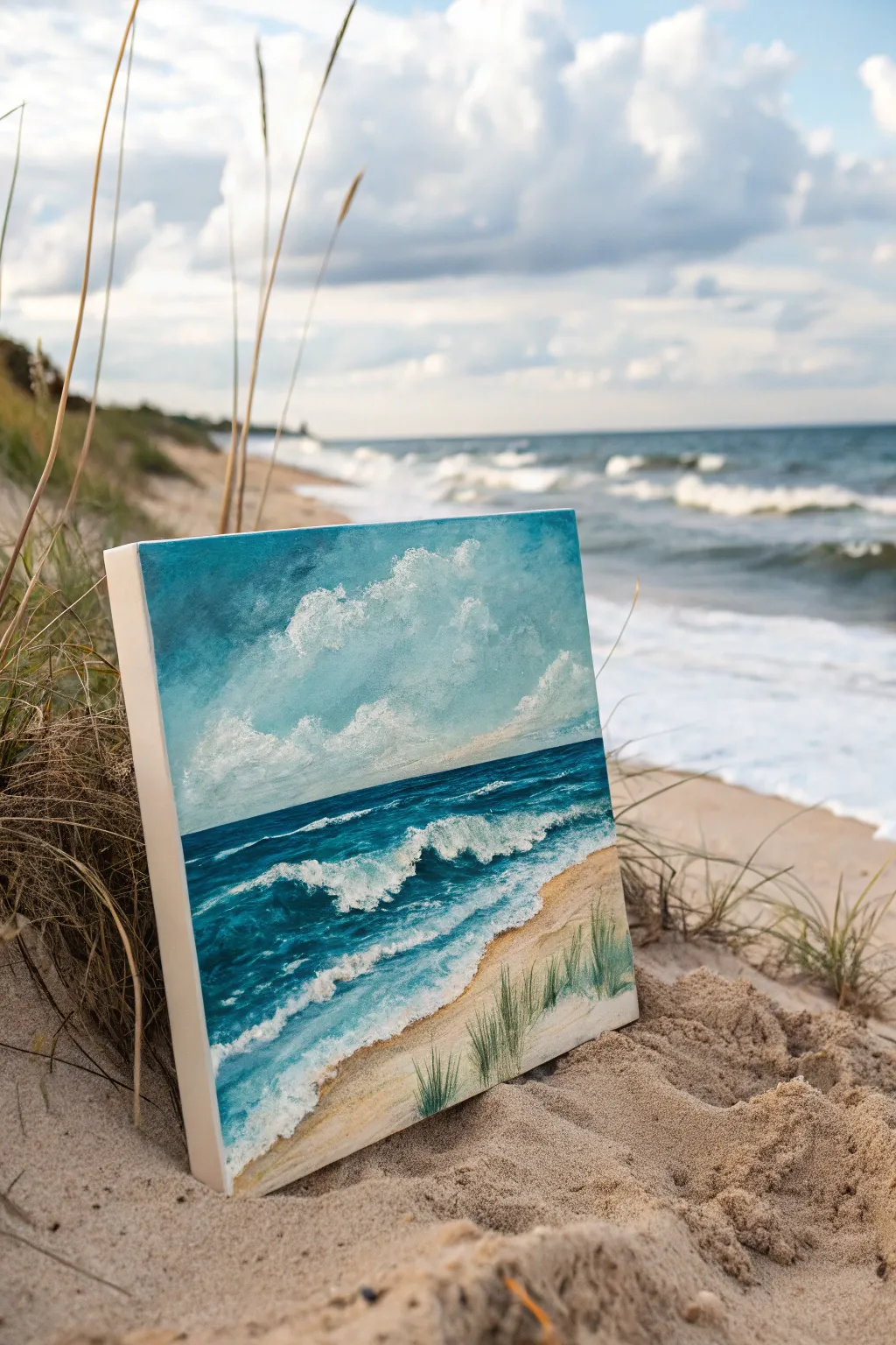 Abstract beach painting with expressive brush marks and bold white foam, minimalist boho vibe.