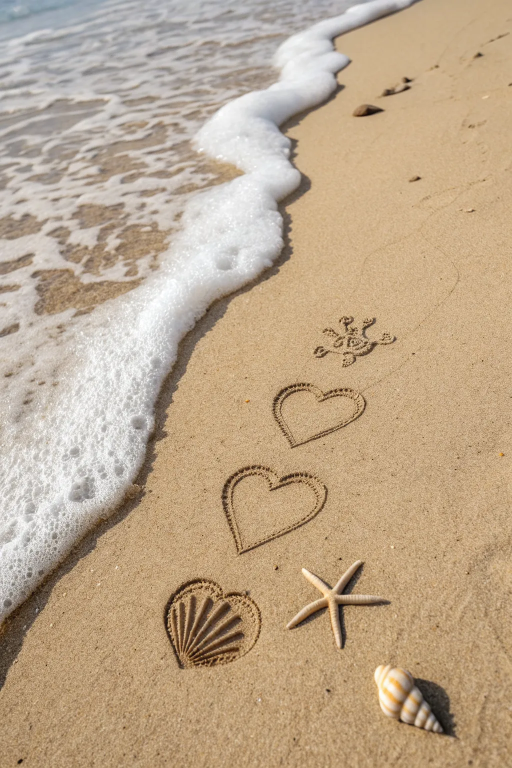 Minimal sand icon timeline as a wave gently erases the final mark, calm and satisfying to recreate