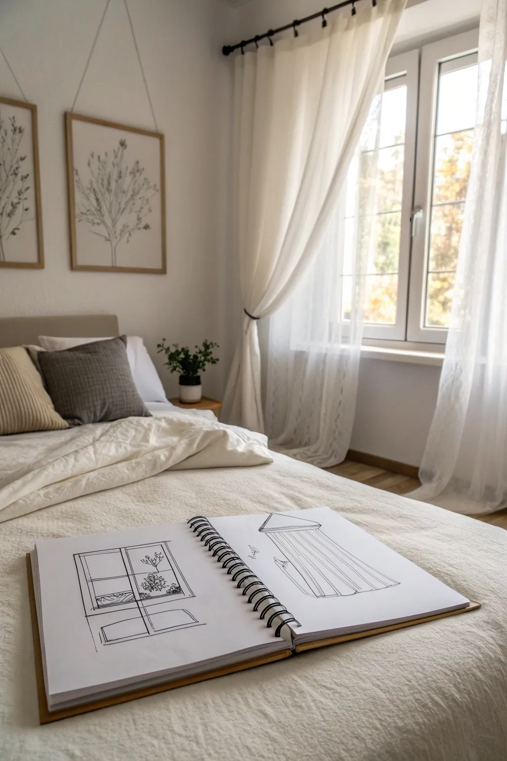 Dreamy bedroom sketch with floating pillows and drifting curtains in minimalist Scandinavian boho style