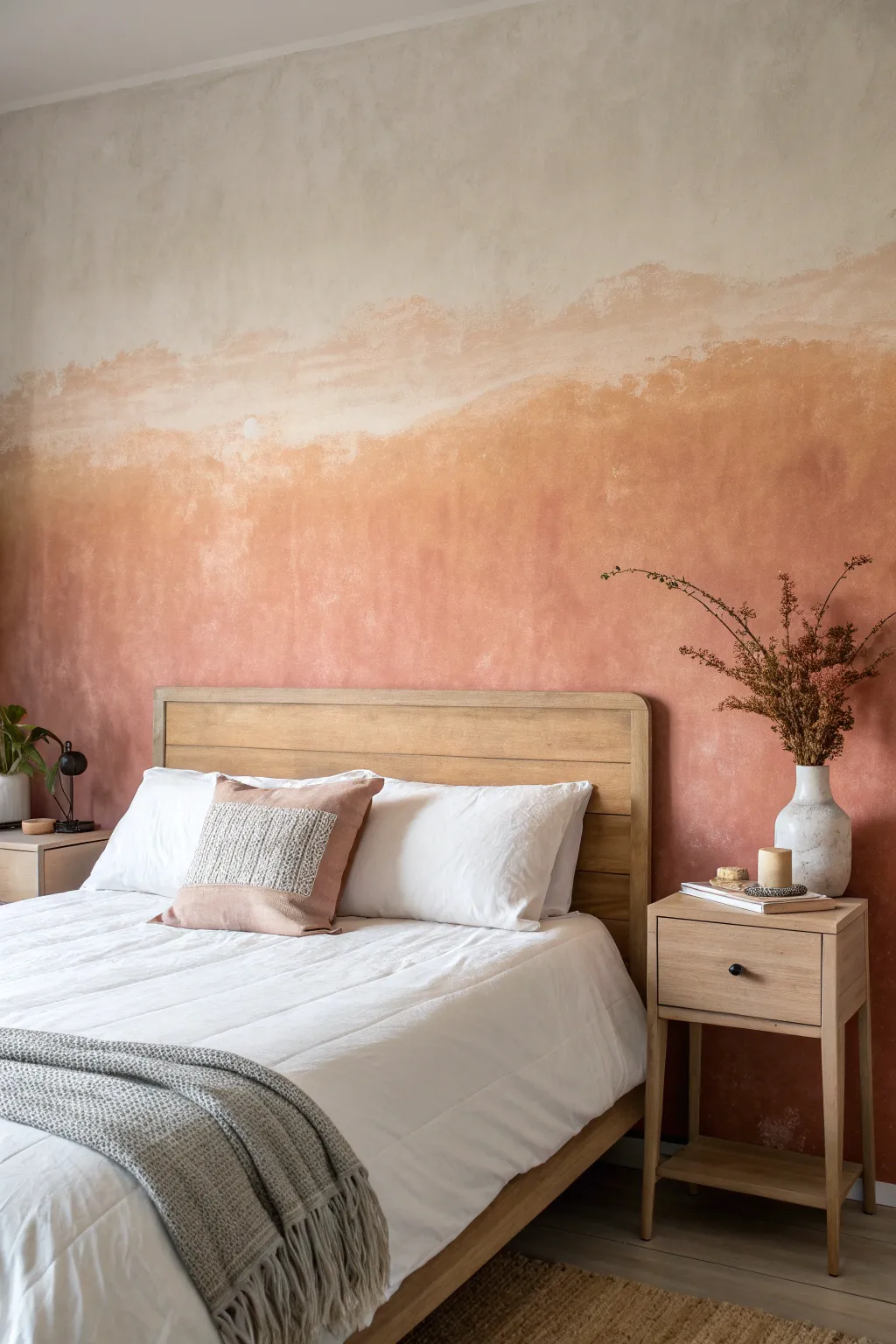 Soft sunrise ombre wall wash makes the bedroom glow with minimalist Scandinavian calm.