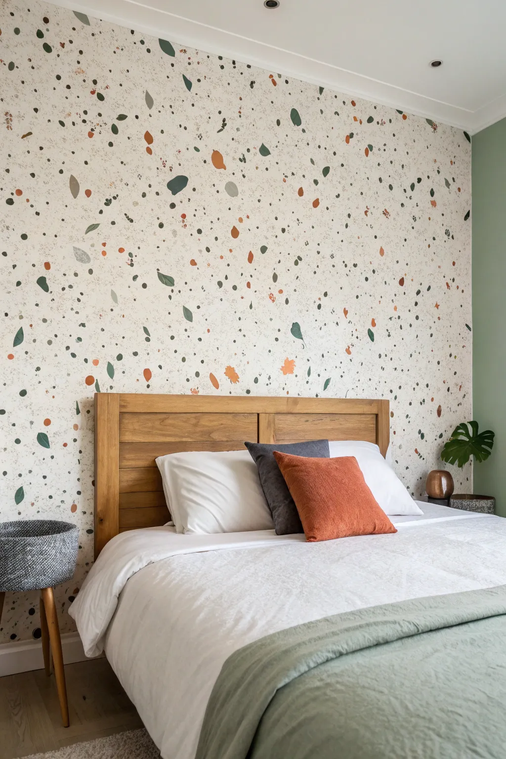 Terrazzo confetti speckle accent wall behind a minimalist bed, calm Scandi boho texture