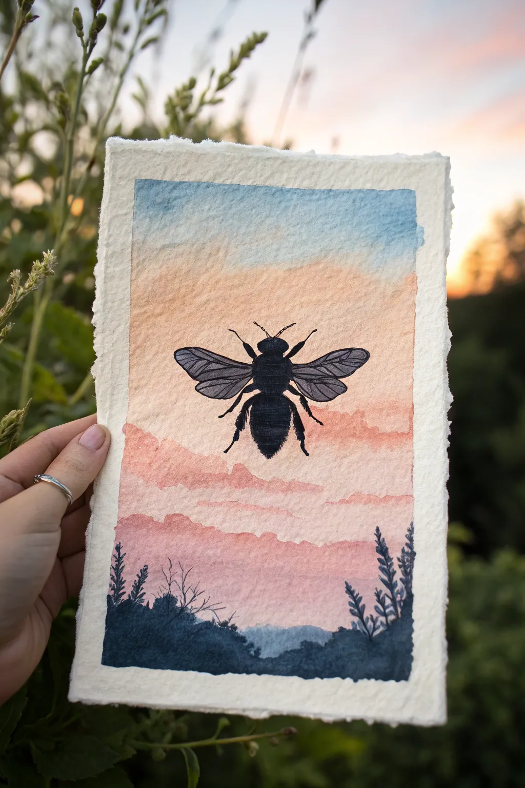 Paint a bold bee silhouette over a smooth sunset gradient for a clean, modern handmade look.