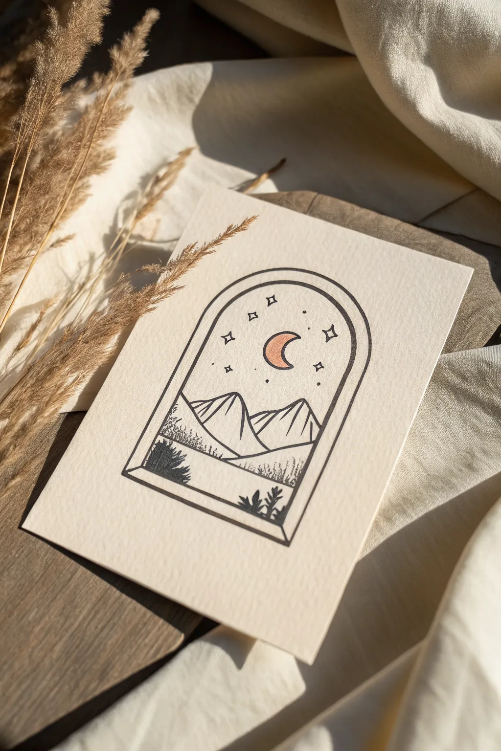 Tiny arched window sketch: mountains, moon, and clouds, an easy minimalist drawing idea