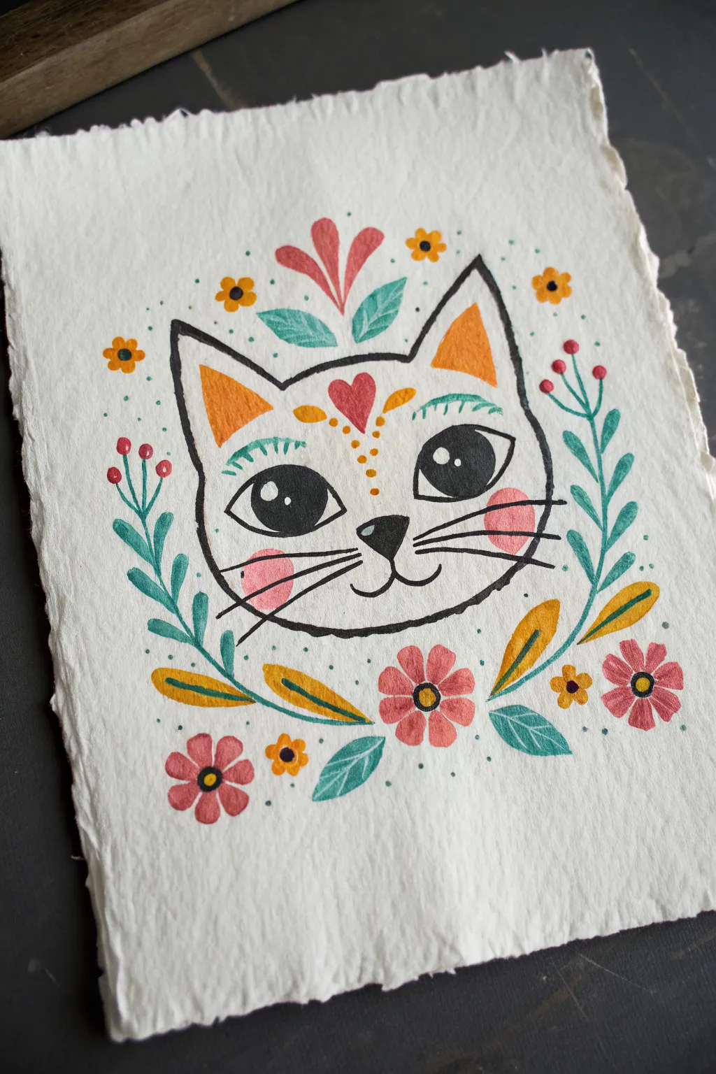 Beginner folk cat painting with floral whiskers, bold lines, bright colors, easy symmetry.