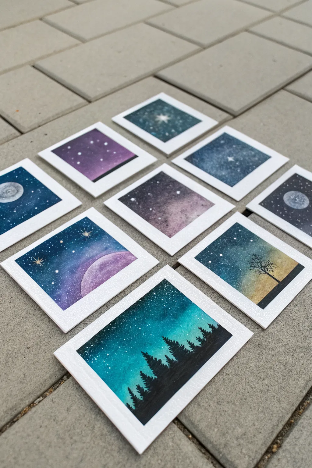 Collectible mini galaxies: 9 spray-painted trading cards in a clean, boho-inspired grid