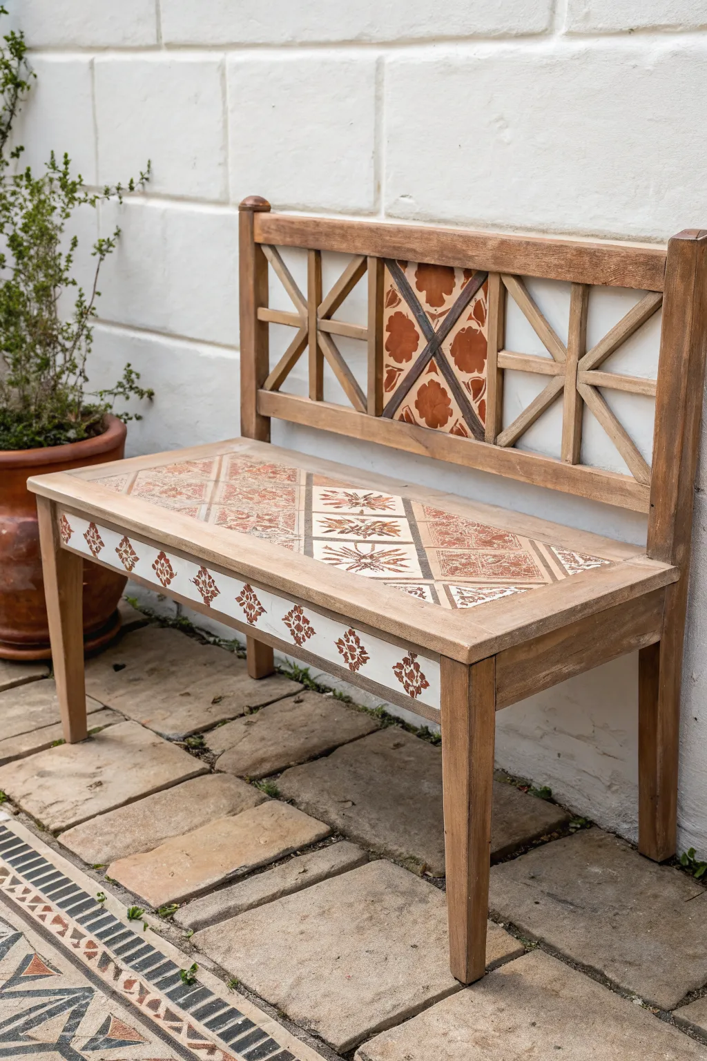 Stenciled geometric layers turn a simple bench into a modern DIY statement piece.