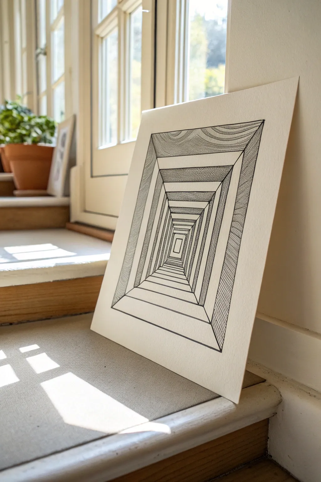Impossible staircase hallway drawing idea with repeating doors, crisp lines, bold shadows