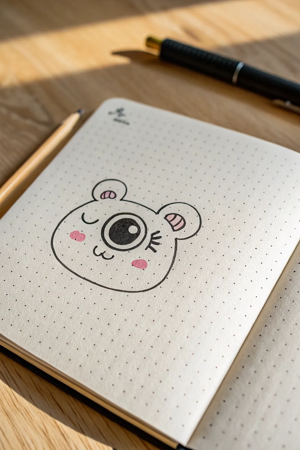 Half a cute face peeking from the edge, one big eye and smile for quick, bold drawing space