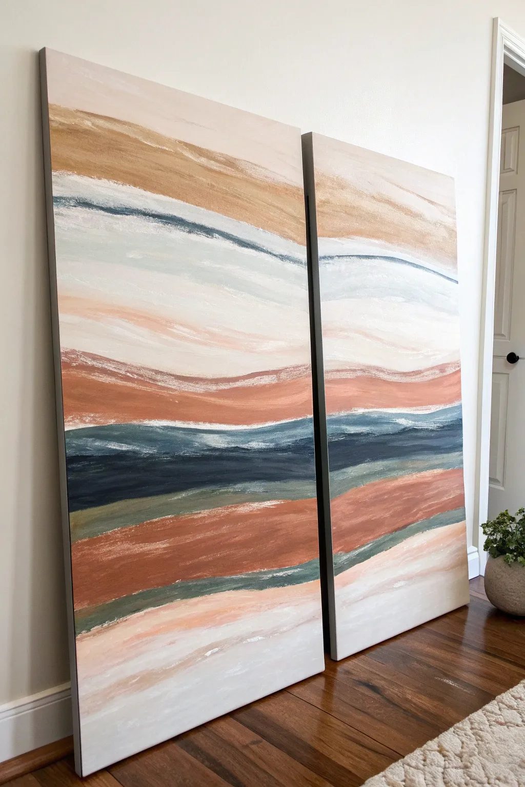 Easy big diptych: two matching canvases with calm color bands for an instant large-scale look