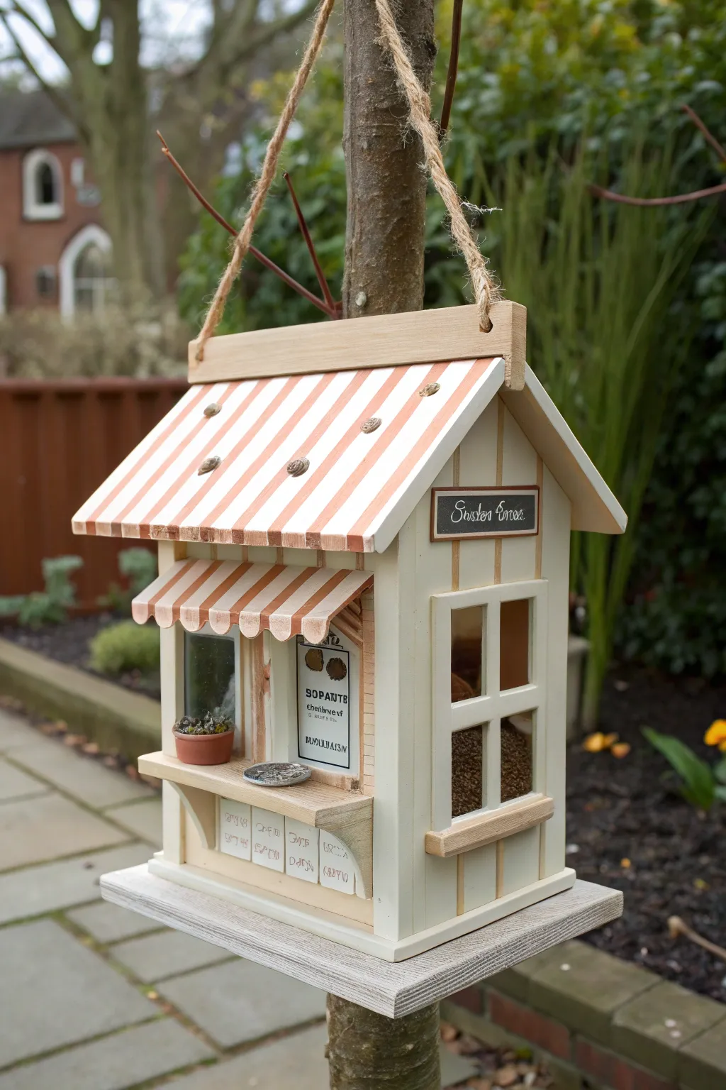 Trompe loeil bird feeder styled as a tiny storefront, perfect for chic garden painting inspiration.