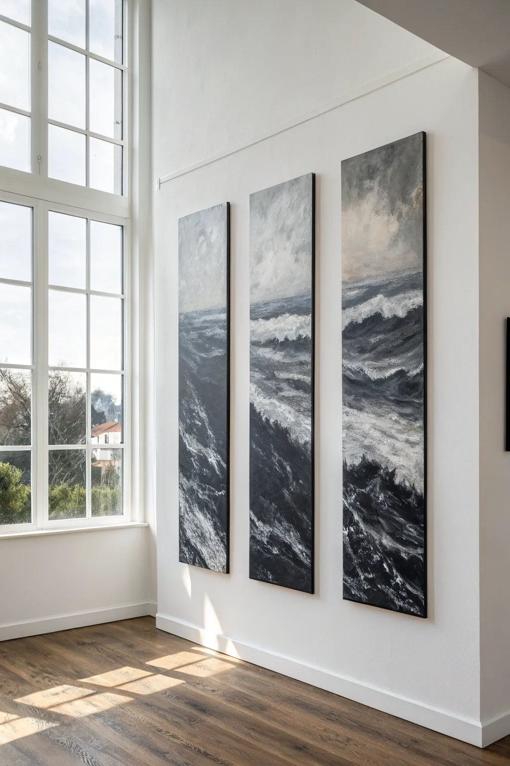 Minimalist black and grey triptych with a lighter center panel for calm, balanced motion.
