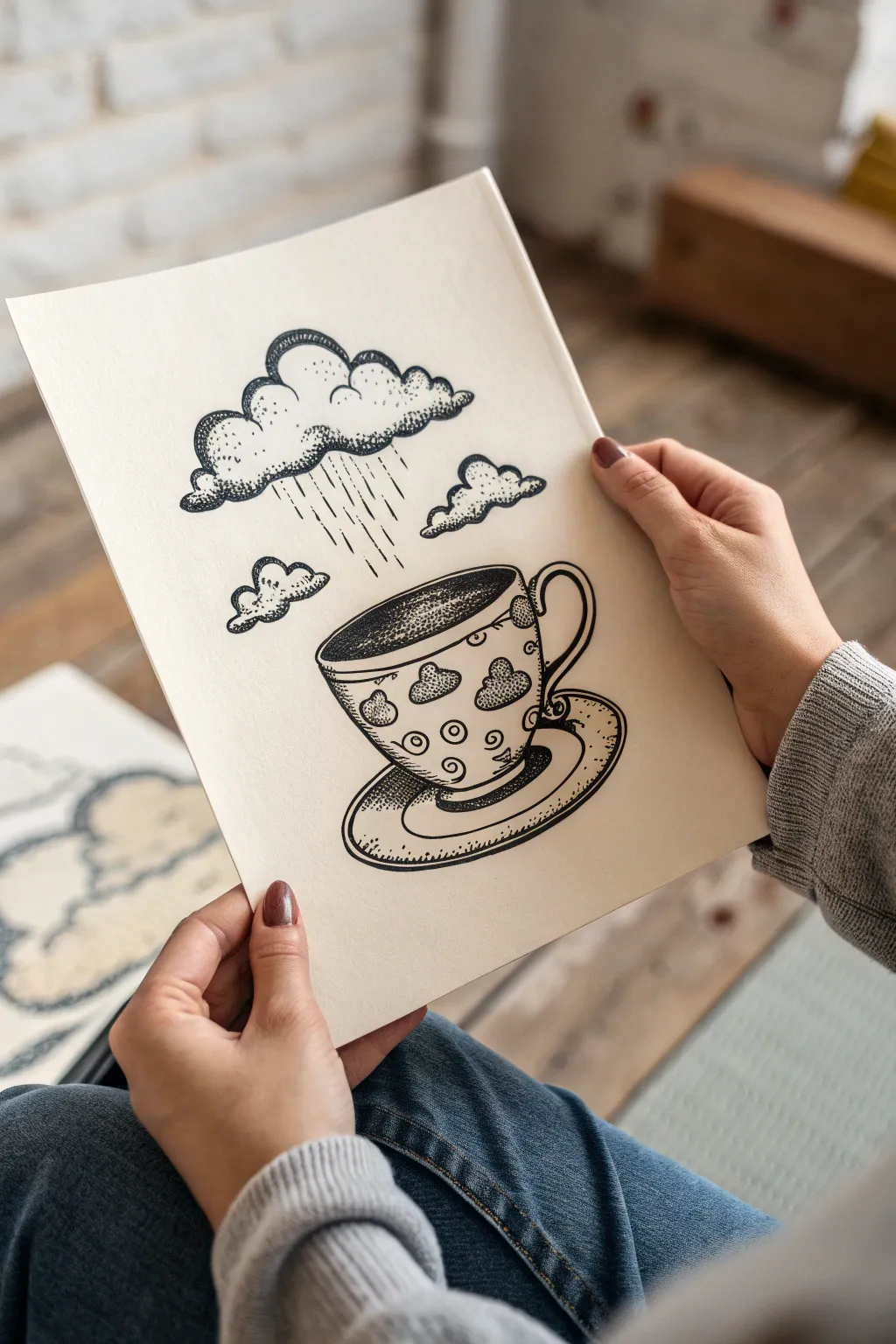 Surreal teacup-cloud ink drawing with crisp lines and bold black fills, minimalist and chic