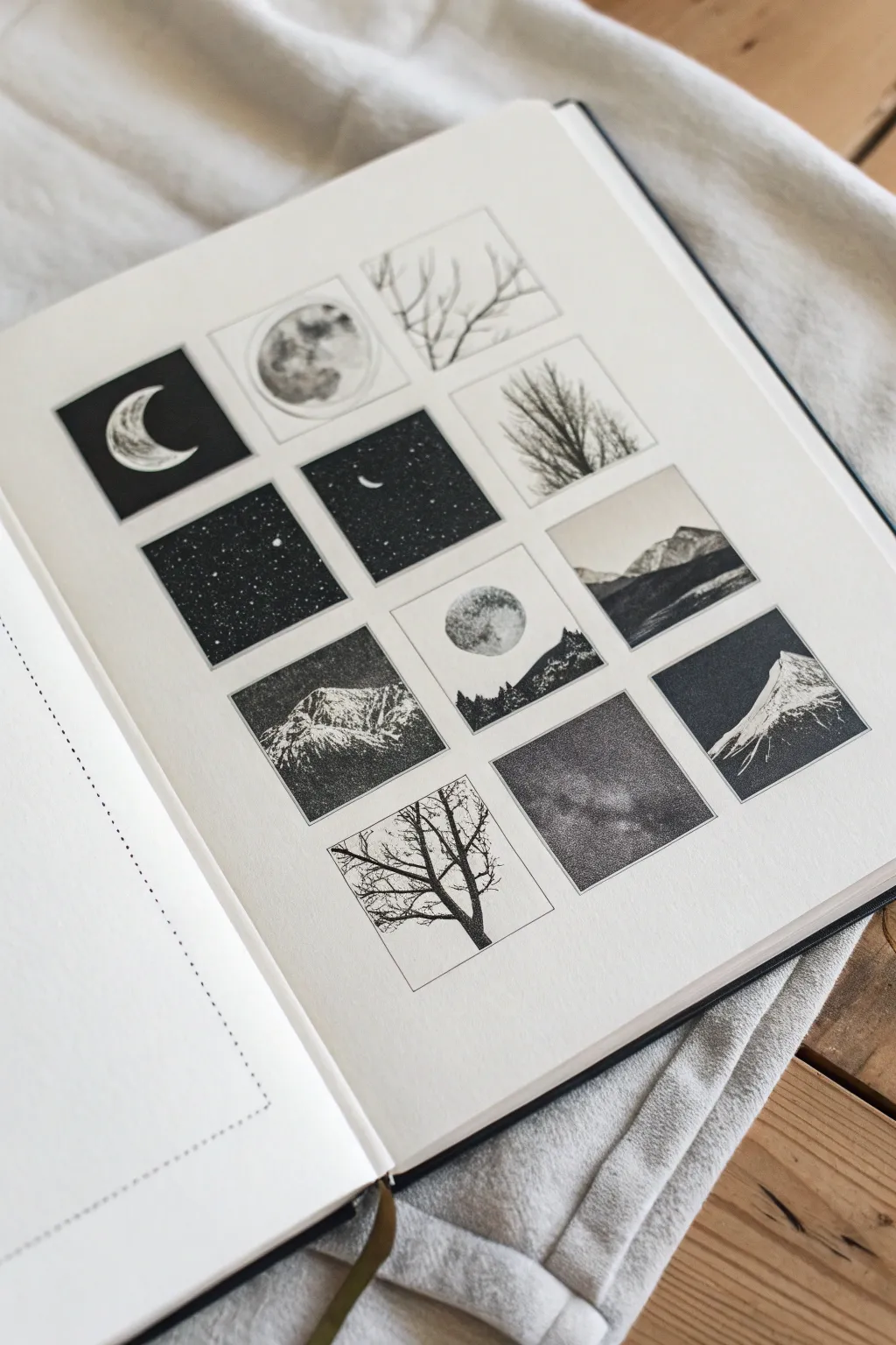 Tiny black and white thumbnail grid for practicing values and silhouettes, clean minimalist mood