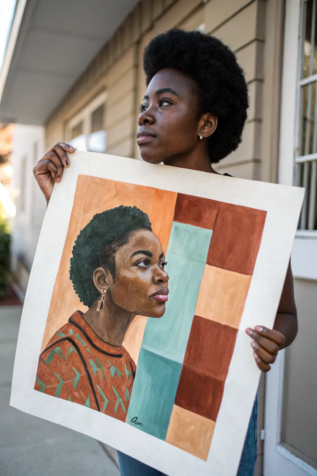 Easy abstract color-block Black girl portrait with bold contrast and minimalist boho warmth