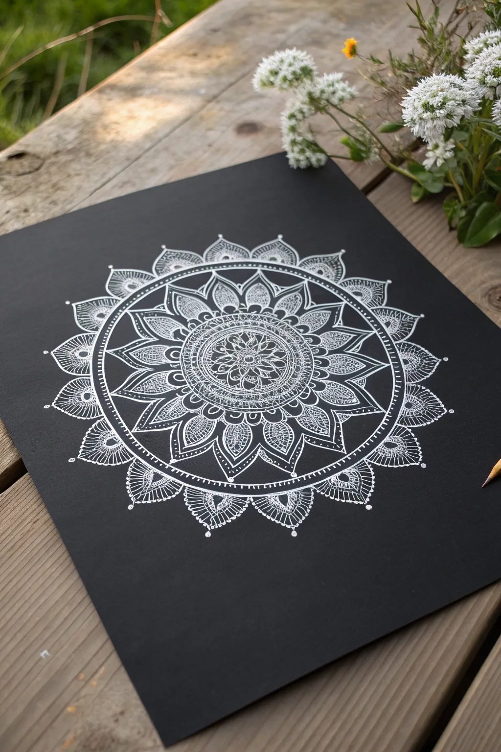 Crisp white mandala line art on deep black paper for elegant minimalist drawing inspiration.