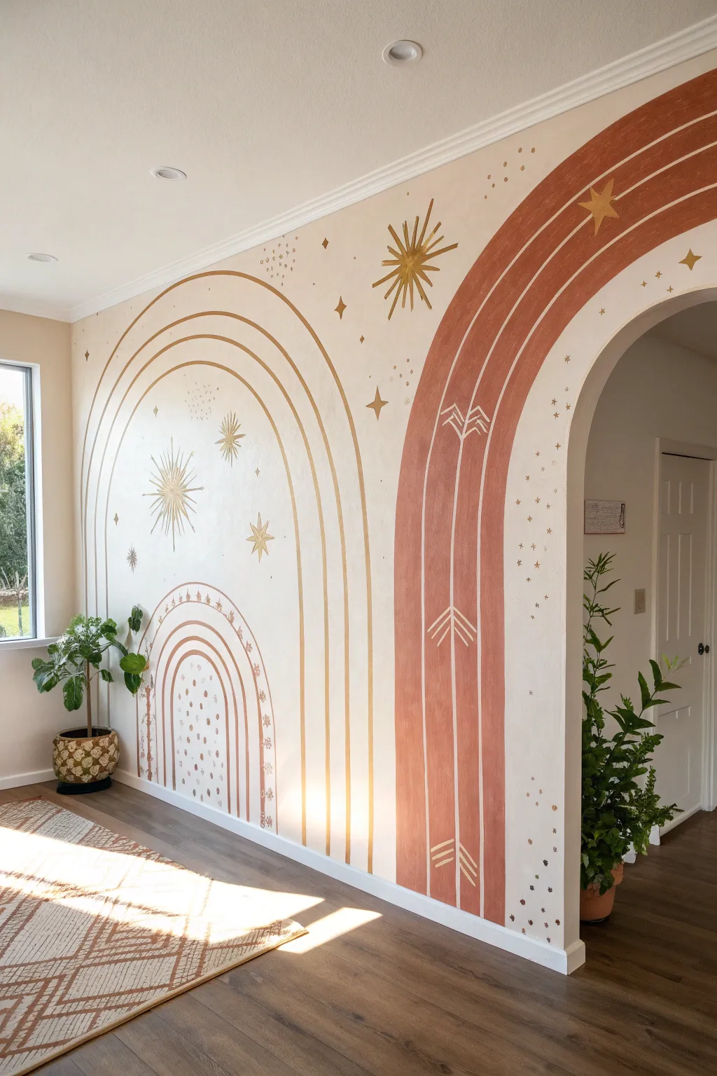 Matte earth-tone arches with delicate gold accents for a warm, minimalist boho mural.