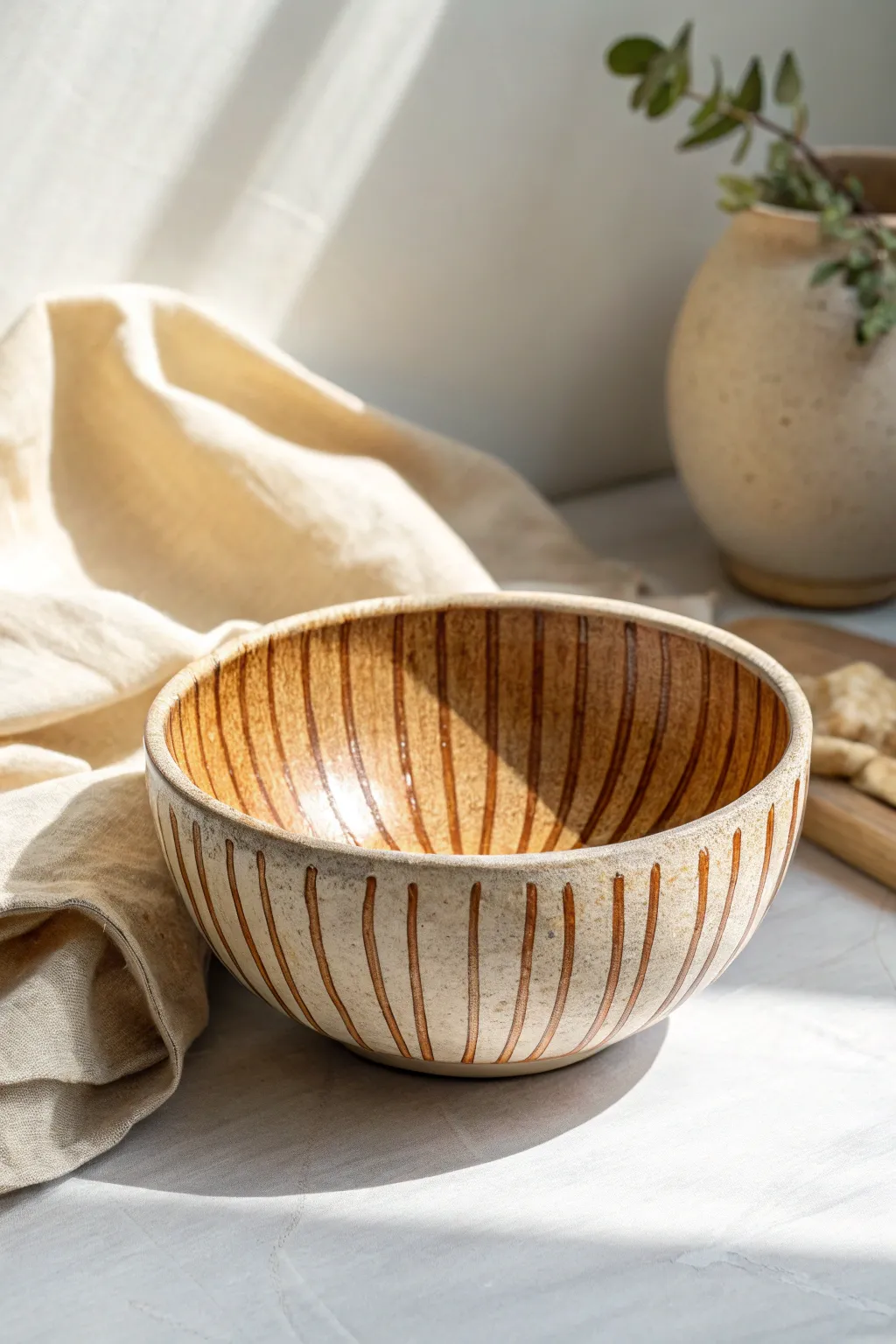 Warm faux woodgrain bowl texture with subtle knots, styled with linen for cozy minimal boho