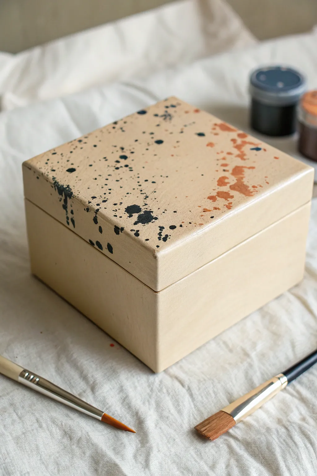 Minimal painted box with an intentional splatter corner accent for a studio-in-progress aesthetic