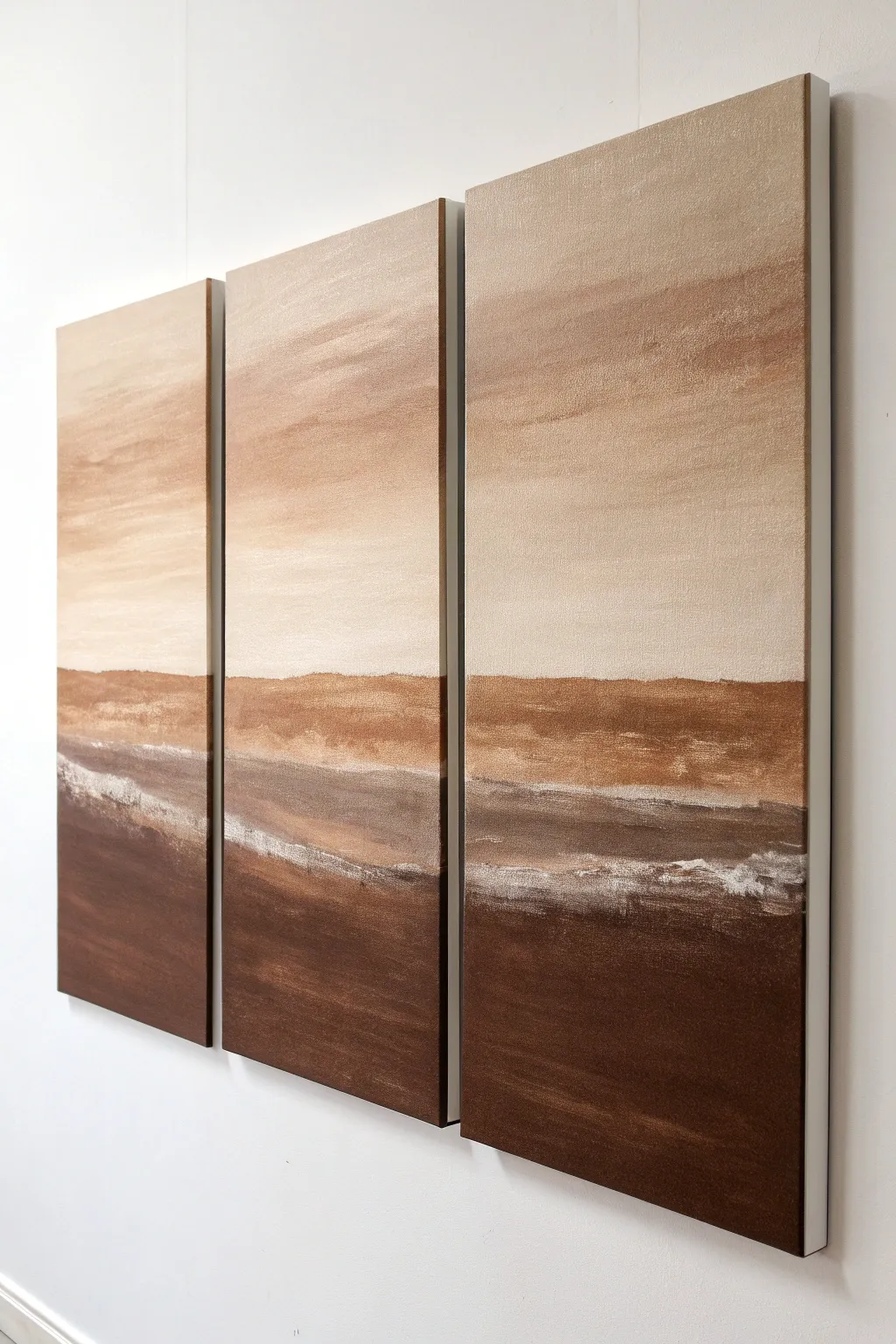 Calm triptych horizon in layered browns, minimalist and cozy for a modern boho wall.