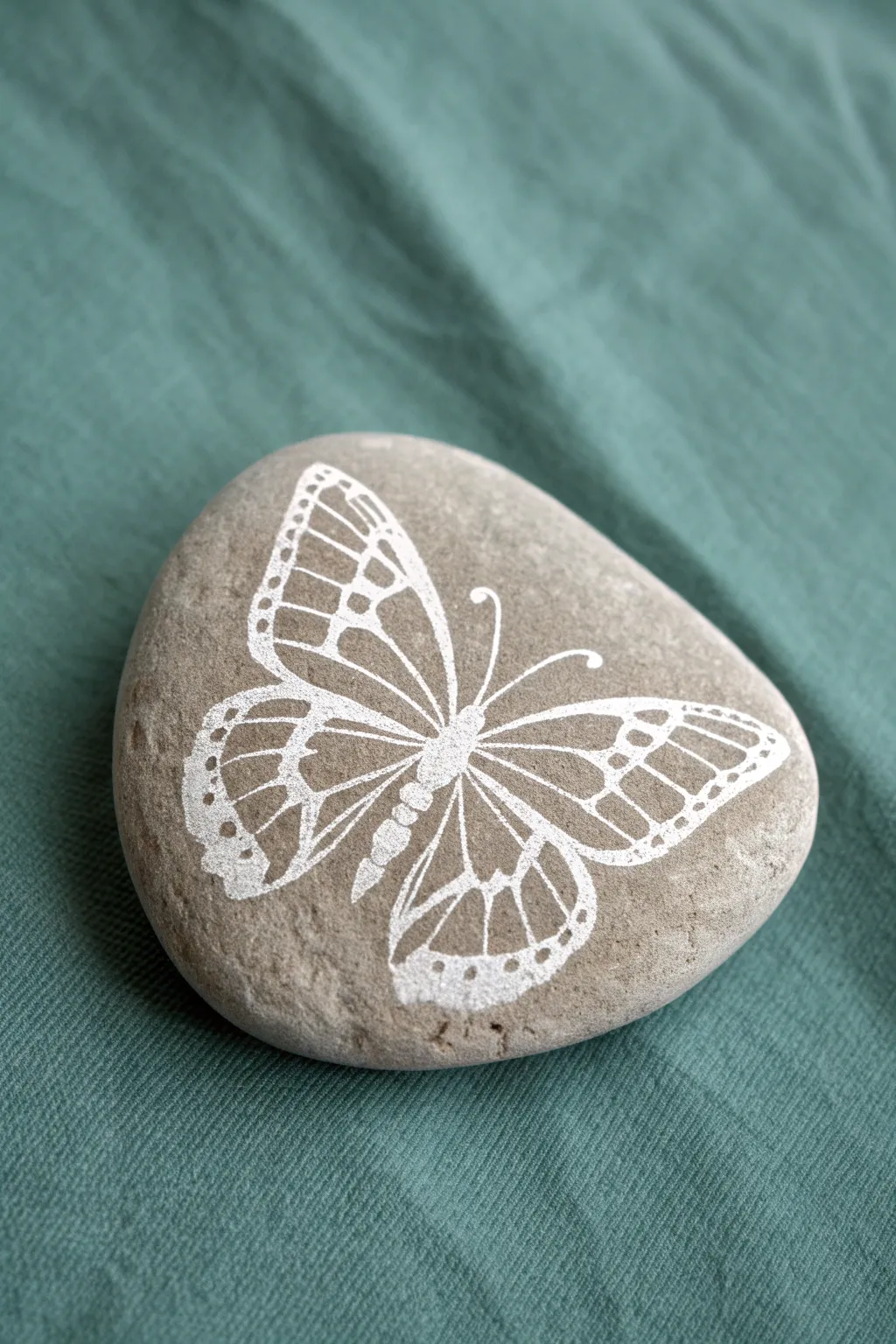 Negative space butterfly wings on a teal-painted rock, simple Scandinavian boho craft inspiration