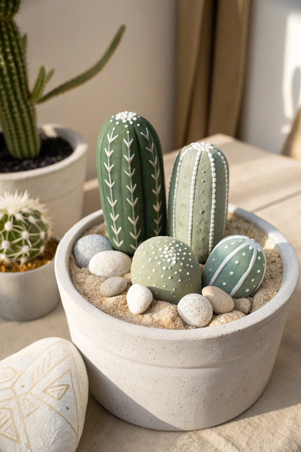 Monochrome cactus rocks in sage and cream, styled in sand for a calm modern neutral look.