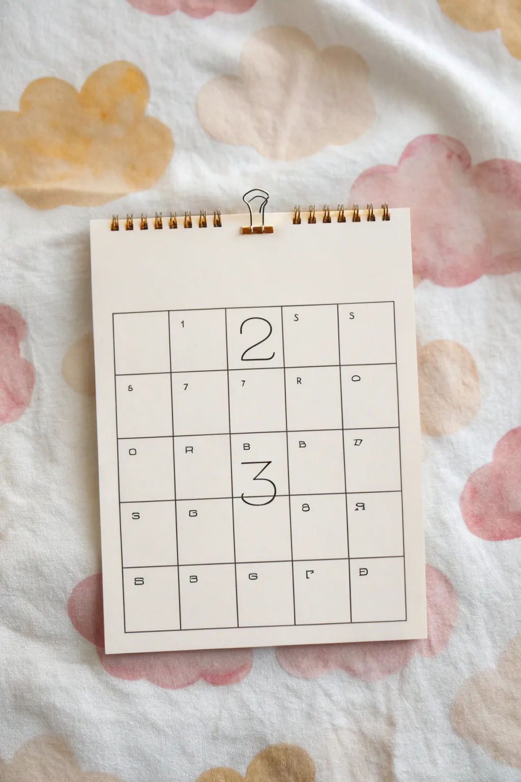 Negative space calendar doodle: bold repeating shapes with clean blank day boxes and simple numbers.