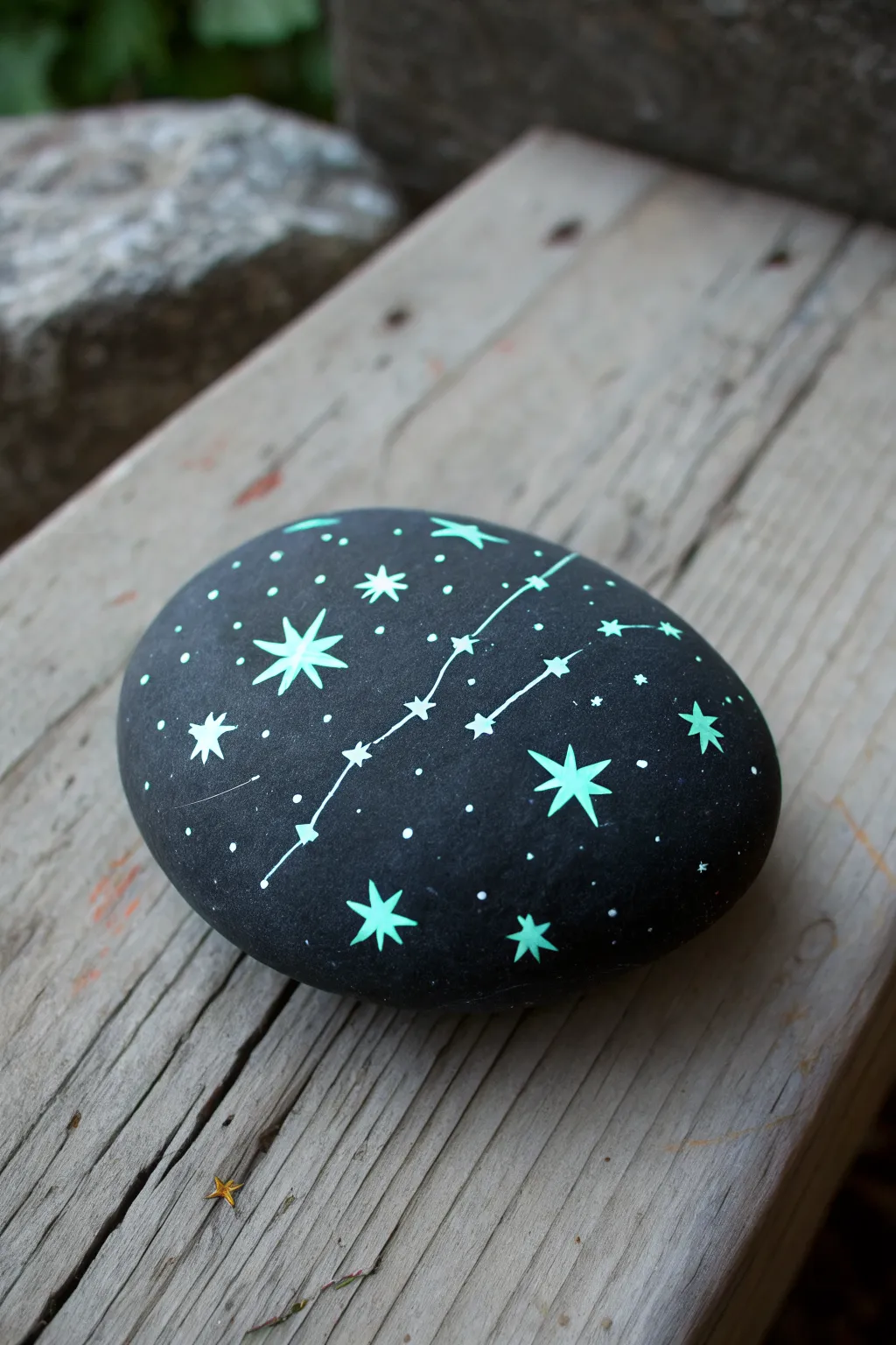 Glow constellation rock craft: bright star dots on a midnight stone, perfect for camping nights.