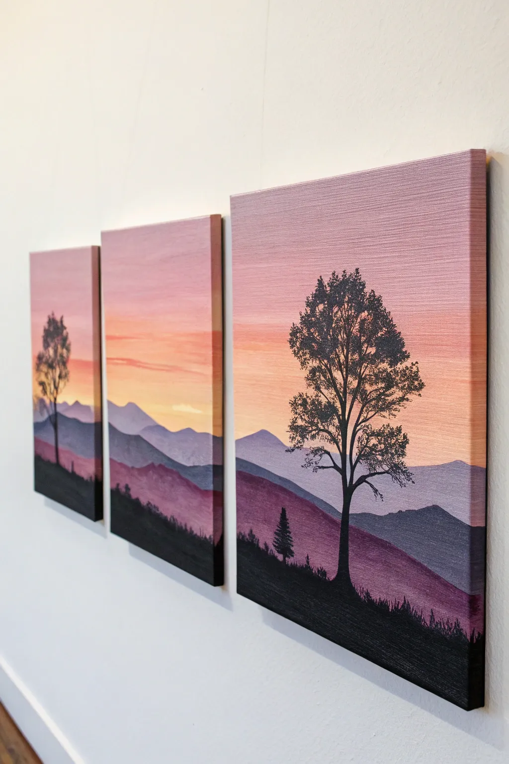 Three small canvases create one sunset story landscape, simple shapes and bold contrast for kids.
