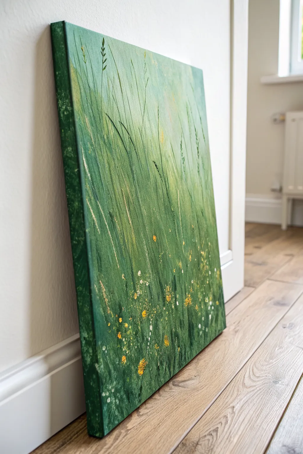 Palette-knife meadow texture on a rich green base with soft light greens and warm shimmer.