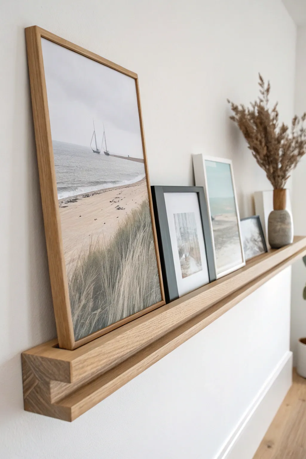 Swap and layer canvases on a slim ledge for an evolving, minimalist studio wall look.