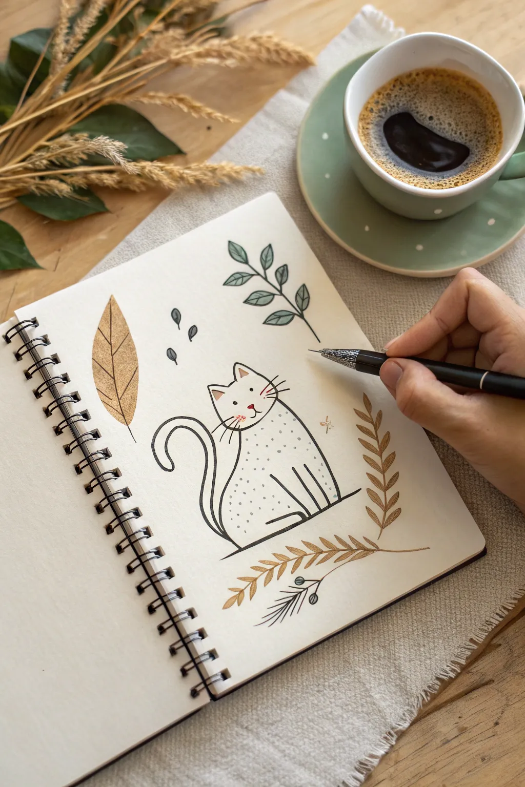 Surreal cat doodle built from a teacup, cloud belly, and leaf tail, minimalist boho charm